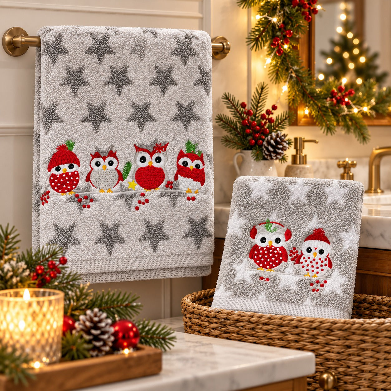 Christmas Owl Embroidered Cotton Towels – Set of 2 - 40 × 60 cm